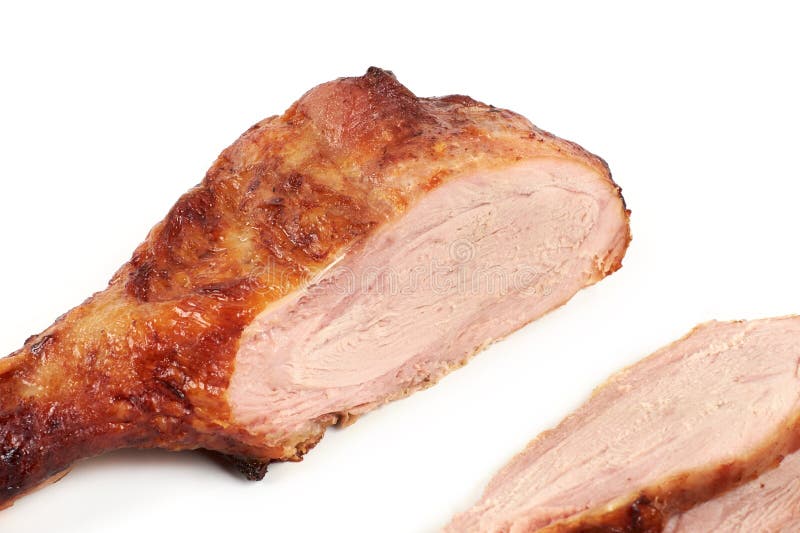Roast Turkey Leg and Sliced Turkey Meat Isolated on White Background