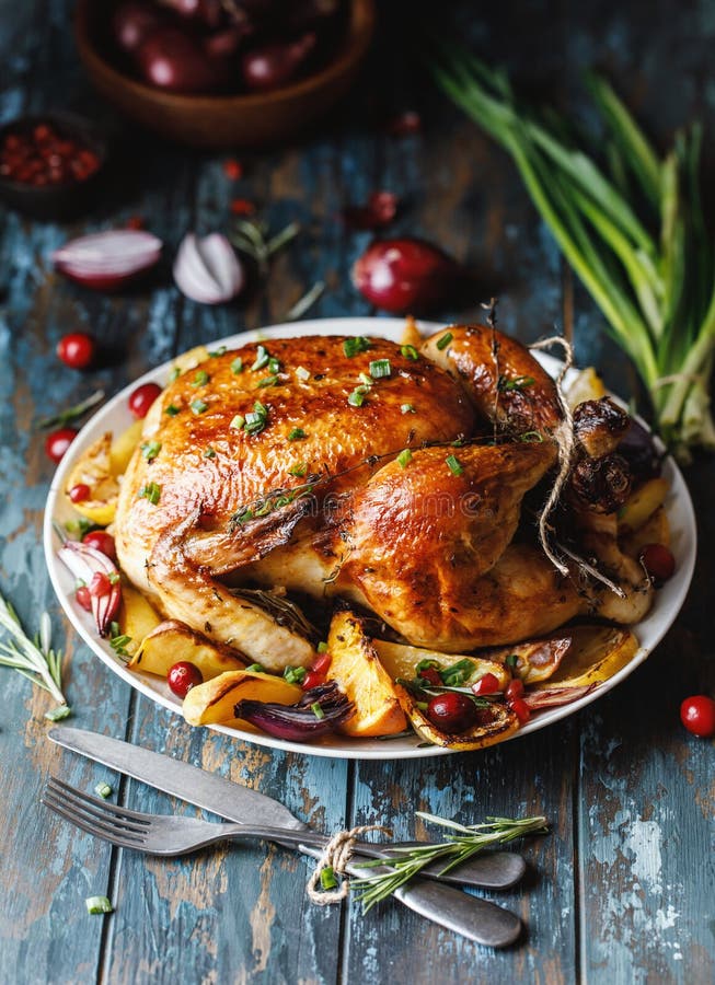 Roast Whole Chicken with Roast Vegetables on Plate on a Table Stock Image Image of food