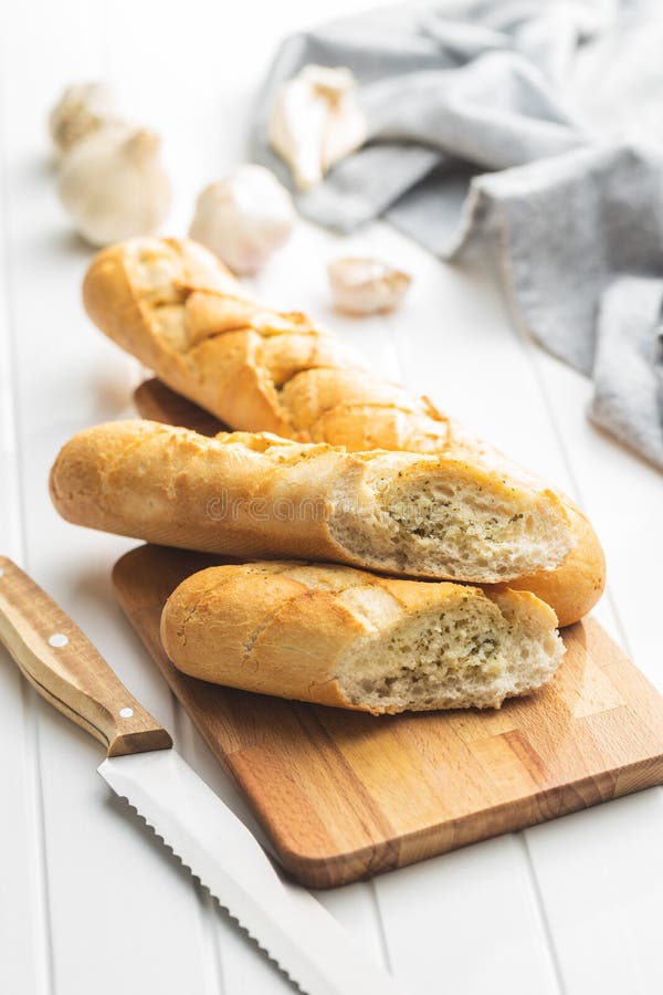 Roasted Baguette with Garlic Butter. Crunchy Sliced Garlic Bread on