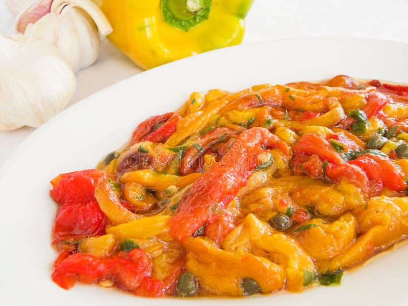 Roasted Bell Pepper Salad on White Dish. Stock Image Image of main