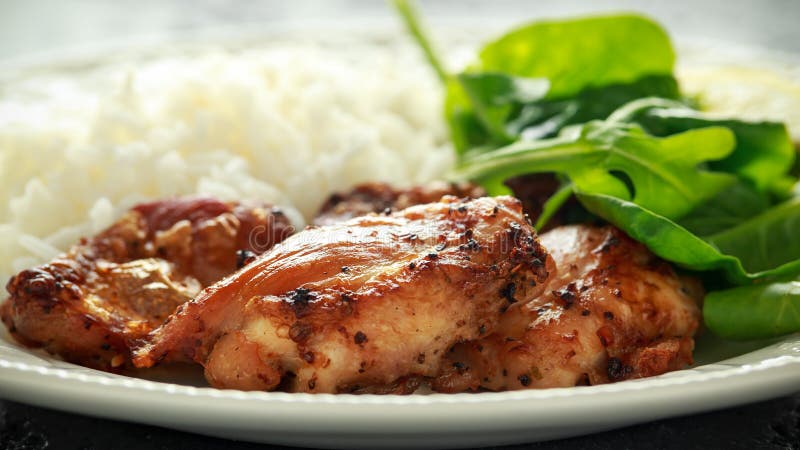 Roasted Boneless Skinless Chicken Thighs with Rice and Green Vegetables