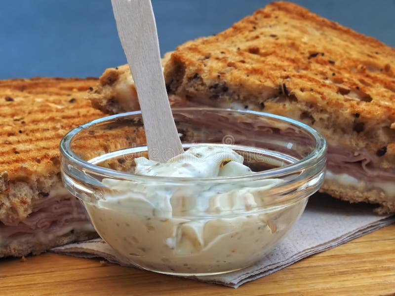 Roasted Bread with Ham and Melted Cheese and a Dip Stock Photo Image