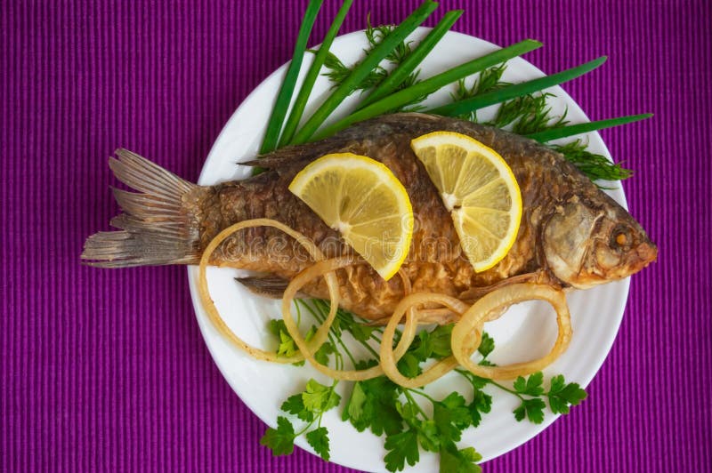 Roasted Carp Fish with Greens Stock Photo Image of gourmet, baked