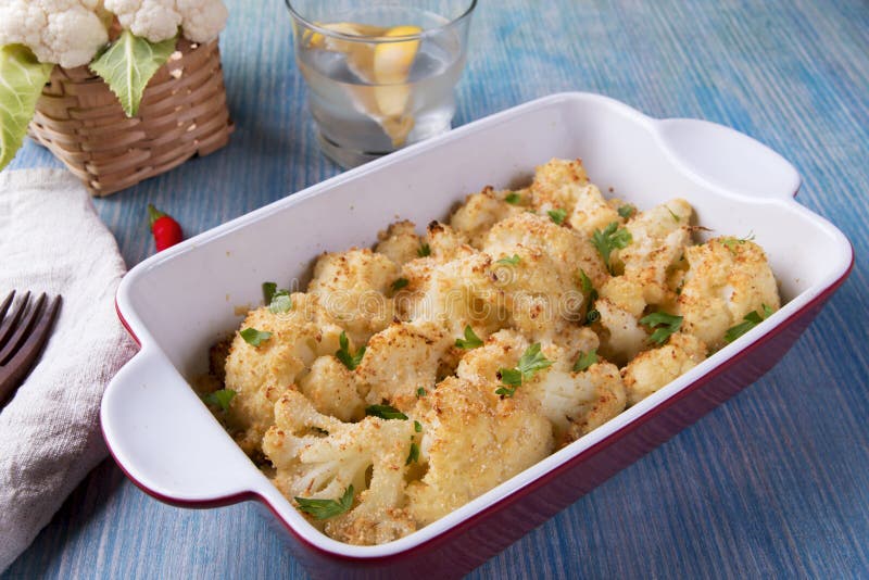 Roasted Cauliflower with Breadcrumbs and Cheese Stock Photo Image of