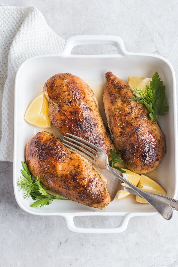 Roasted Chicken Breast with Lemon and Spicy Herbs Stock Photo Image