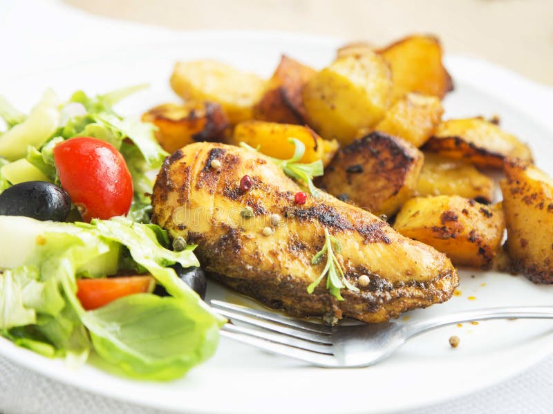 Roasted Chicken Breast with Sweet Potatoes and Salad Garnish Stock ...