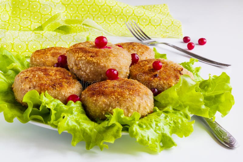 Roasted Chicken Cutlets and Green Lettuce on Plate Stock Photo Image