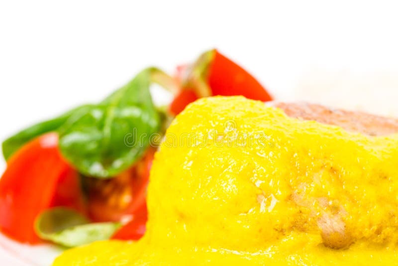 Roasted chicken fillet with saffron mousse.