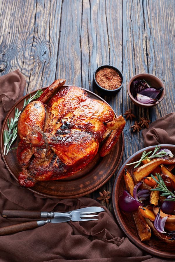 Roasted Chicken with Golden Brown Crispy Skin Stock Photo - Image of ...