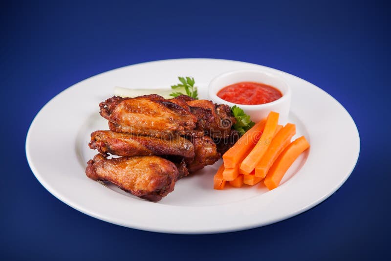 Roasted Chicken Wings With Carrots, Celery And Dipping Sauce Stock