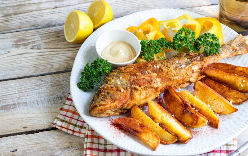 Crispy Fish with Potatoes Chips Stock Image Image of cholesterol