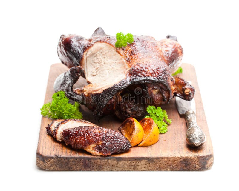 Roasted Duck with Orange Sauce Isolated on White Stock Photo - Image of