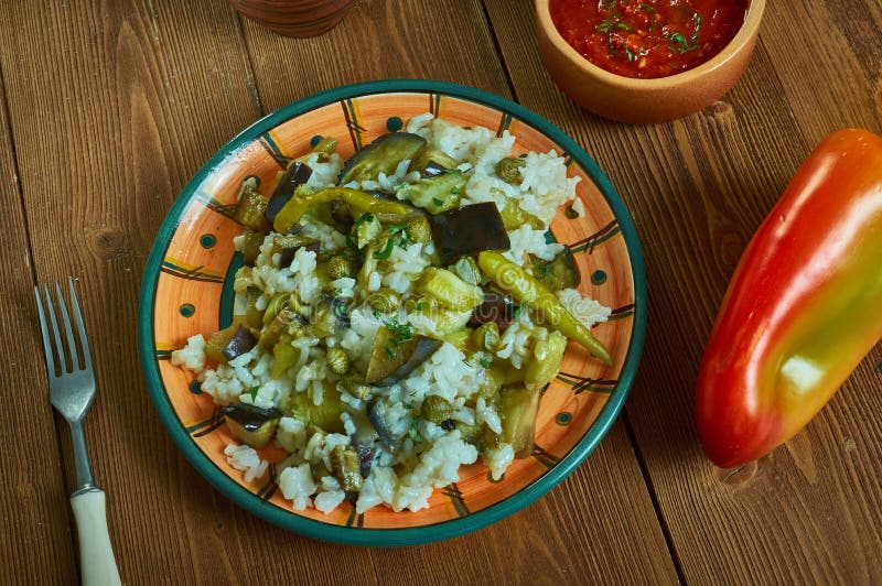 Roasted Eggplant Risotto with Capers and Basil Stock Image Image of