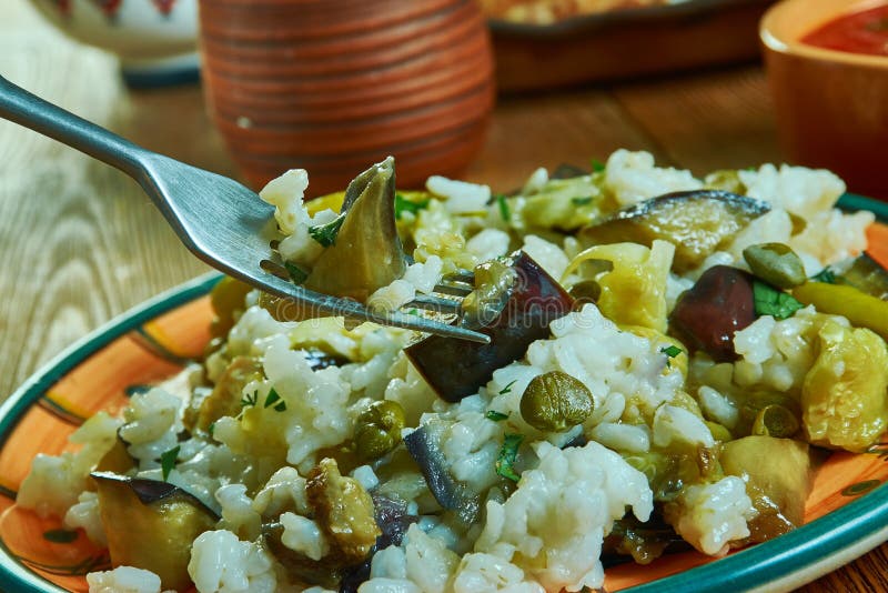 Roasted Eggplant Risotto with Capers and Basil Stock Image Image of