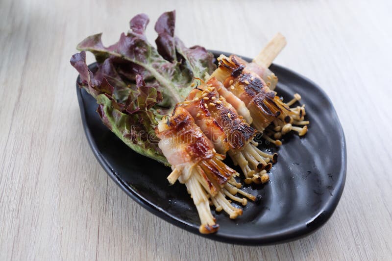 Roasted Enoki Mushrooms with Bacon . Japanese Food Stock Image Image
