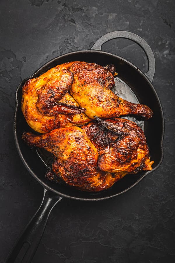 Roasted Half Chicken in Pan on Black Background Stock Photo Image of