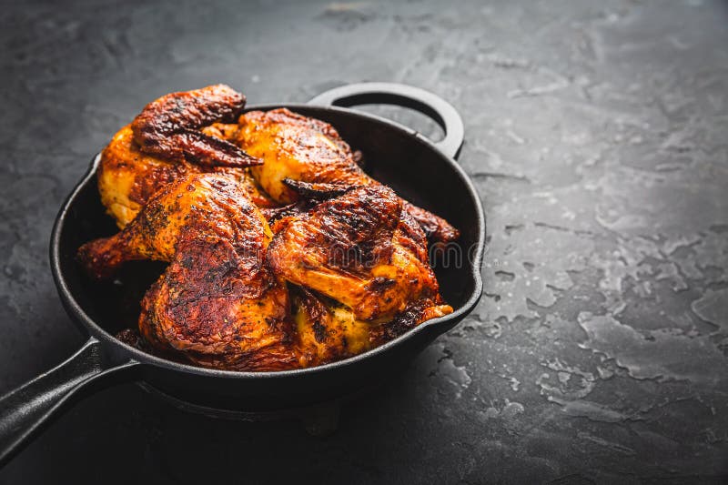 Roasted Half Chicken in Pan on Black Background Stock Photo Image of