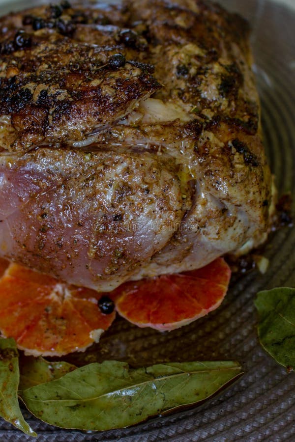 Roasted Ham with Orange Slices and Vegetables Stock Image Image of