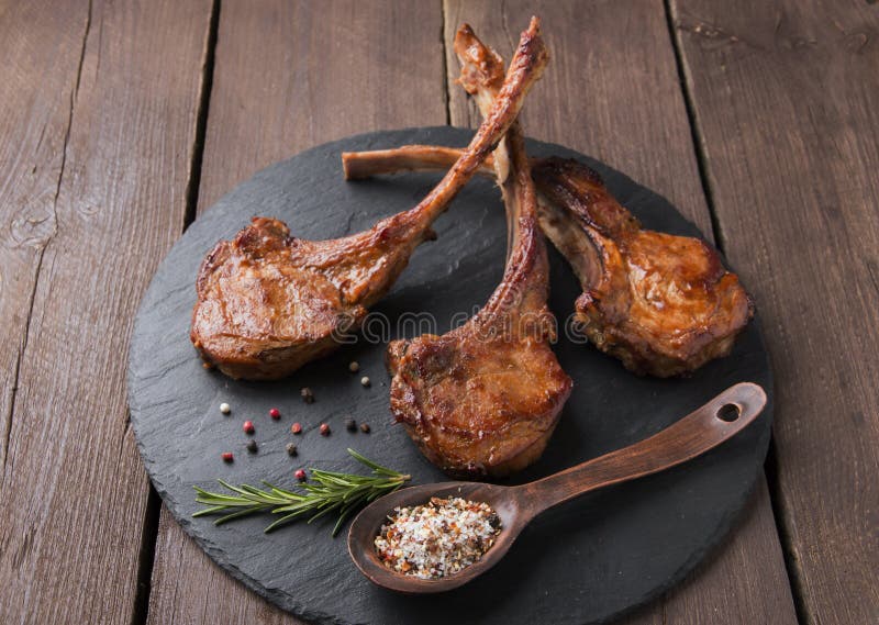 Roasted Lamb Ribs Loin Chop on a Stone Surface Stock Image Image of