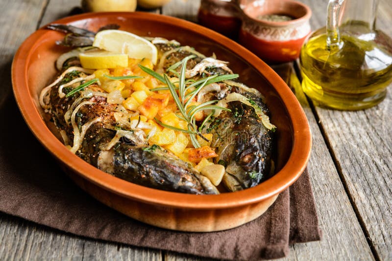 Roasted Mackerel with Vegetable Garnish Stock Photo Image of menu