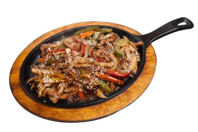 Roasted Meat with Vegetables on Frying Pan Stock Photo Image of onion