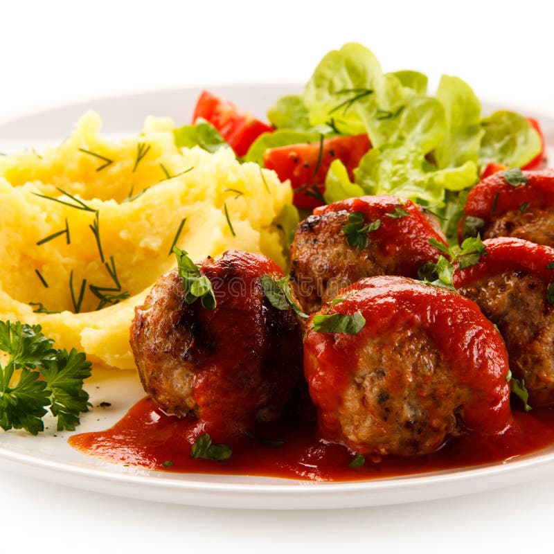 Roasted Meatballs, Mashed Potatoes and Vegetables Stock Photo Image