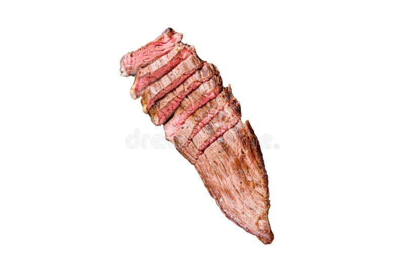 Roasted Medium Rare Sliced Flank Beef Steak. Isolated on White
