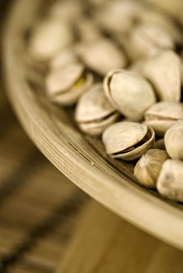 Roasted Pistachios in Wooden Bowl Stock Image Image of brown, table