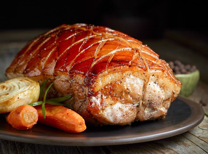 Roasted pork on dark plate stock photo. Image of barbecue 82144770