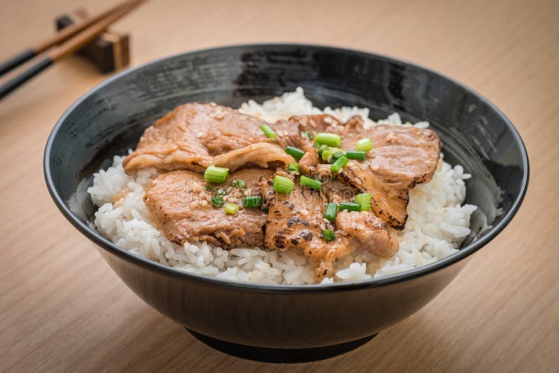 Roasted Pork with Japanese Rice in Bowl Stock Photo - Image of boiled