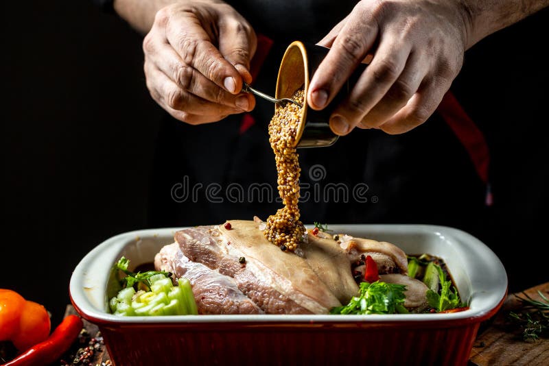 Roasted Pork Knuckle in Marinade with Beer for Roasting, Raw Meat