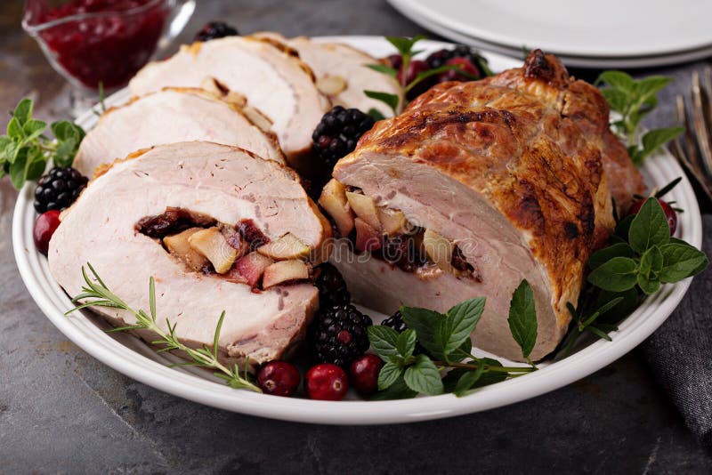 Roasted pork loin stuffed with apple and cranberry