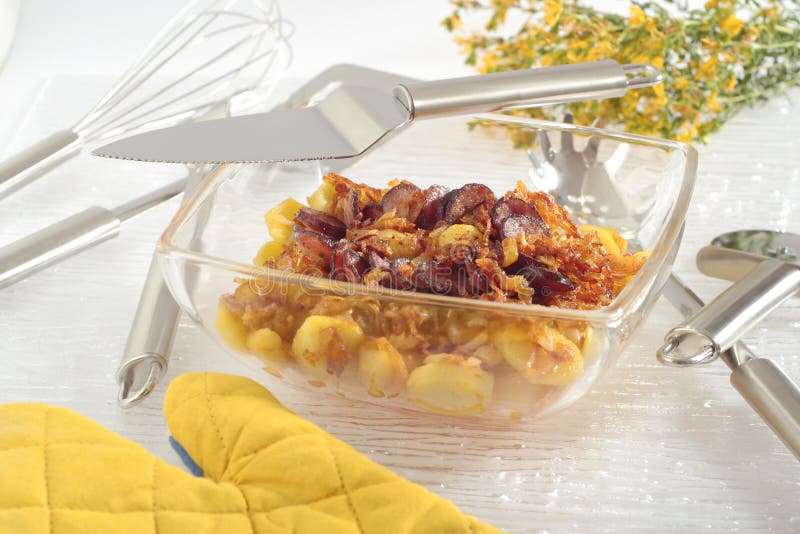 Roasted Potatoes with Onion and Sausage Stock Photo - Image of baked