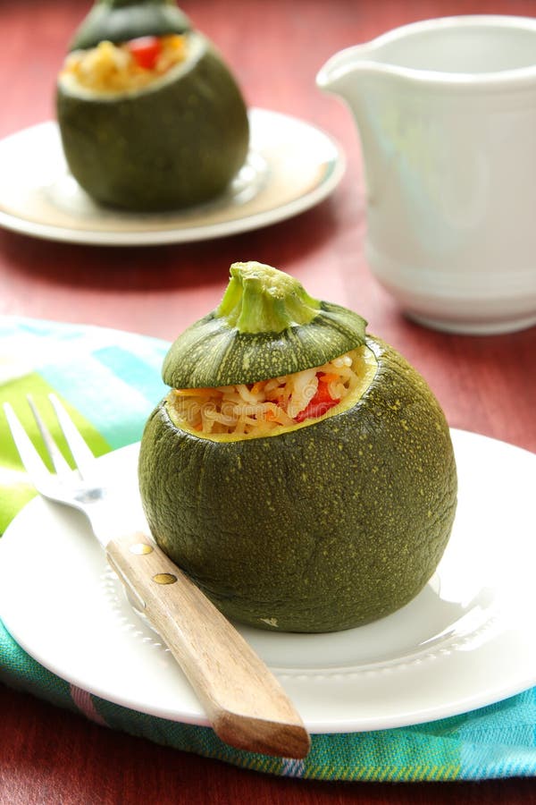 Roasted Round Zucchini Stuffed Rice and Vegetables Stock Photo Image