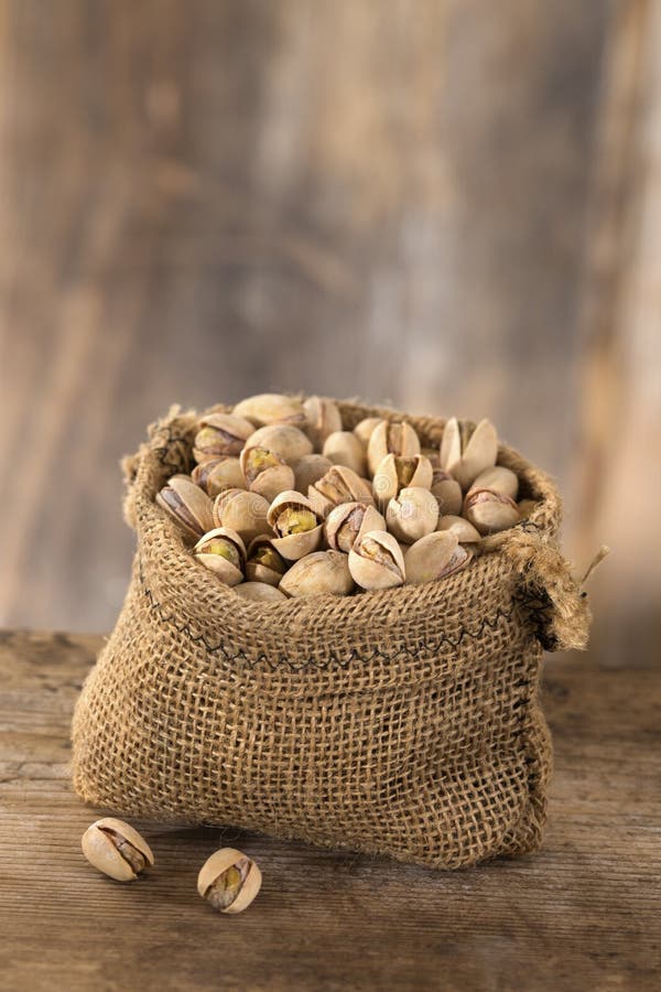 Roasted Salty Pistachios Nuts in Burlap Bag Stock Image Image of