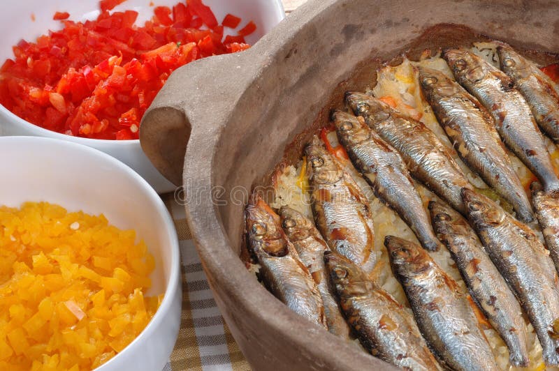 Roasted sardines with rice