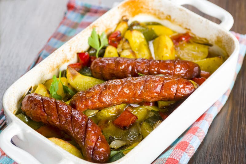Roasted Sausage with Potatoes Stock Image Image of homemade, chips