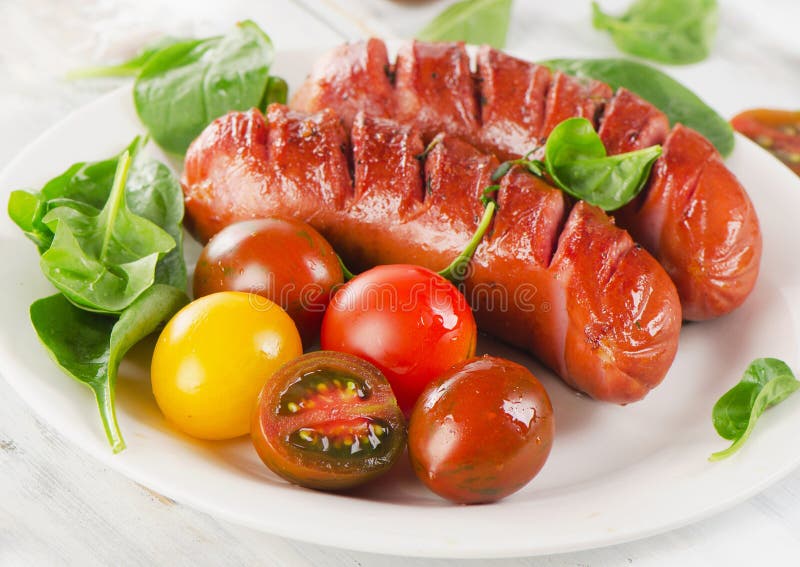 Roasted Sausages with Cherry Tomatoes Stock Image Image of grilled