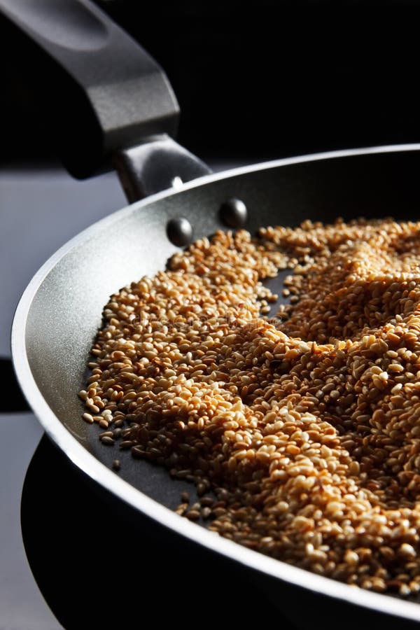 Roasted Sesame Seeds in Black Frying Pan Stock Image Image of