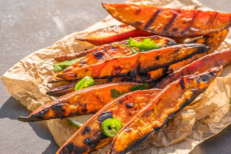 Roasted Sweet Potatoes on the Grill Stock Image Image of seasoned