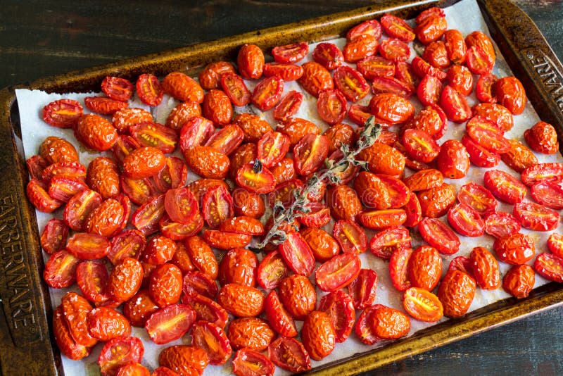 Roasted Tomatoes on a Sheet Pan Stock Photo Image of roasted, pepper