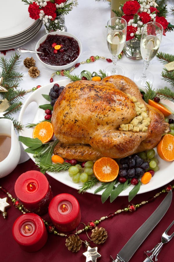 Roasted Turkey for Christmas Dinner Stock Photo - Image of flutes ...