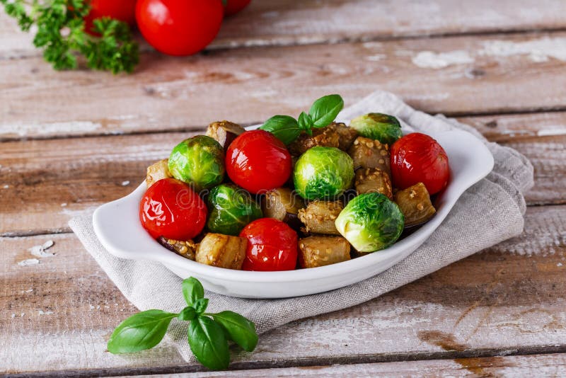 Roasted Vegetables Eggplant Brussel Sprouts Tomatoes Stock Photos