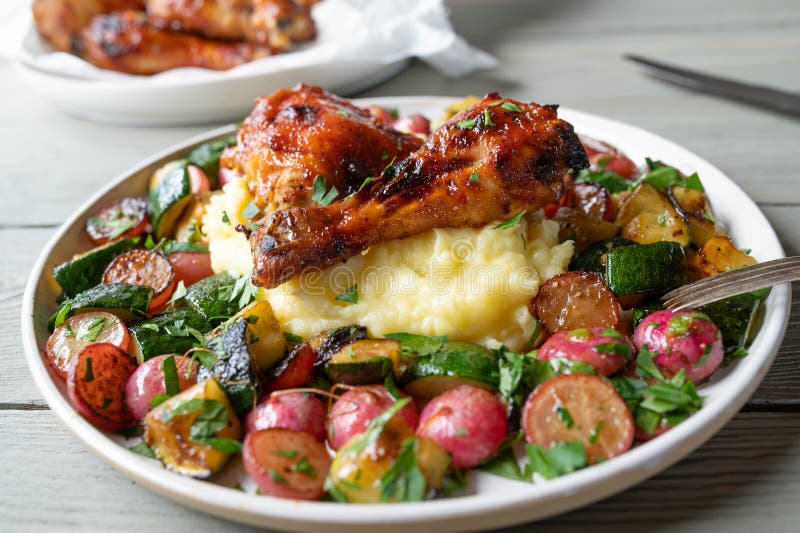 Roasted Vegetables with Glazed Barbecue Chicken Drumsticks and Mashed