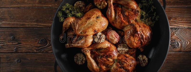 Roasted Whole Chicken with Backed Apples and Garlic in Iron Cast Pan