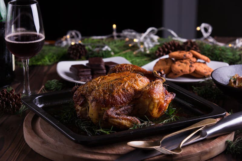 Roasted whole chicken / turkey for celebration and holiday. Christmas, thanksgiving, new year's eve dinner stock photos Roasted whole chicken / turkey for celebration and holiday. Christmas, thanksgiving, new year's eve dinner stock photos