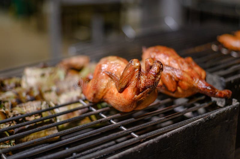 Roasting Chicken on Grille in Night Market Stock Photo Image of meat