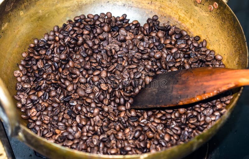 Roasting Coffee Bean in Brass Pan Stock Photo Image of background