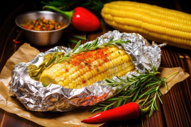 Roasting Corn on the Cob with Shiny Aluminum Foil Wrappers Stock Photo
