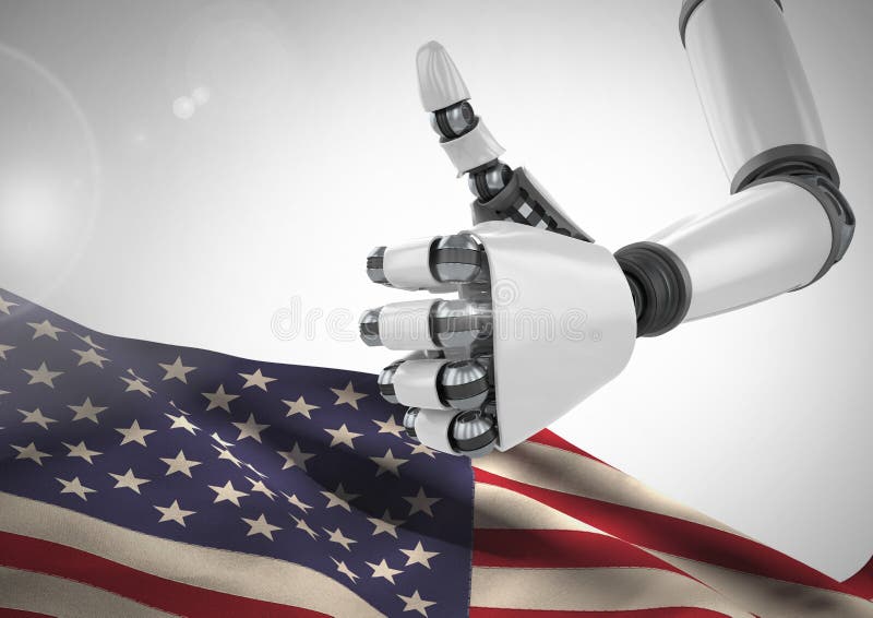 Robô com polegar acima contra a bandeira americana ilustração stock Robô com polegar acima contra a bandeira americana ilustração stock